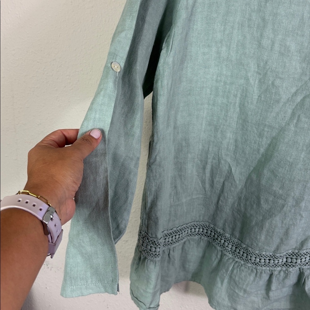 Terzo Millennio 100% Linen Green Top Roll Up Sleeves Blouse Relaxed Fit size L - Picture 8 of 11